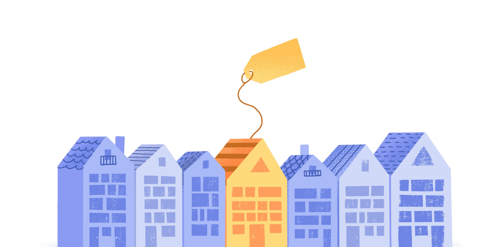 An illustration of a row of blue houses with one orange house with a sale tag on it to indicate being listed as