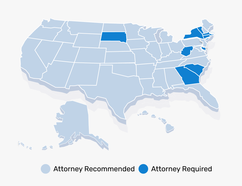 infographic map of the United States highlighting states that require a real estate attorney