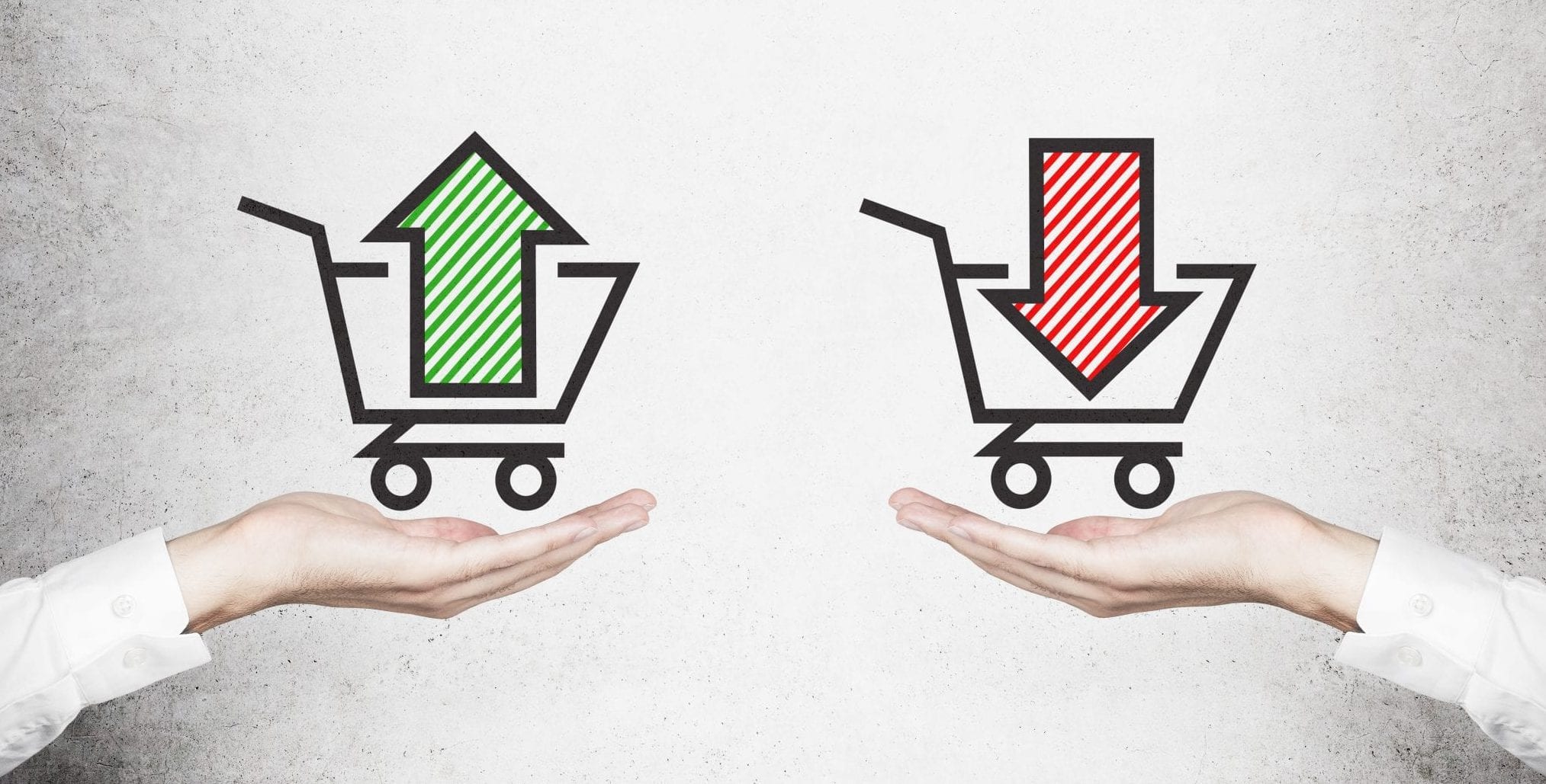 Green up arrow in cart and red down arrow in cart to represent buyer's and seller's market