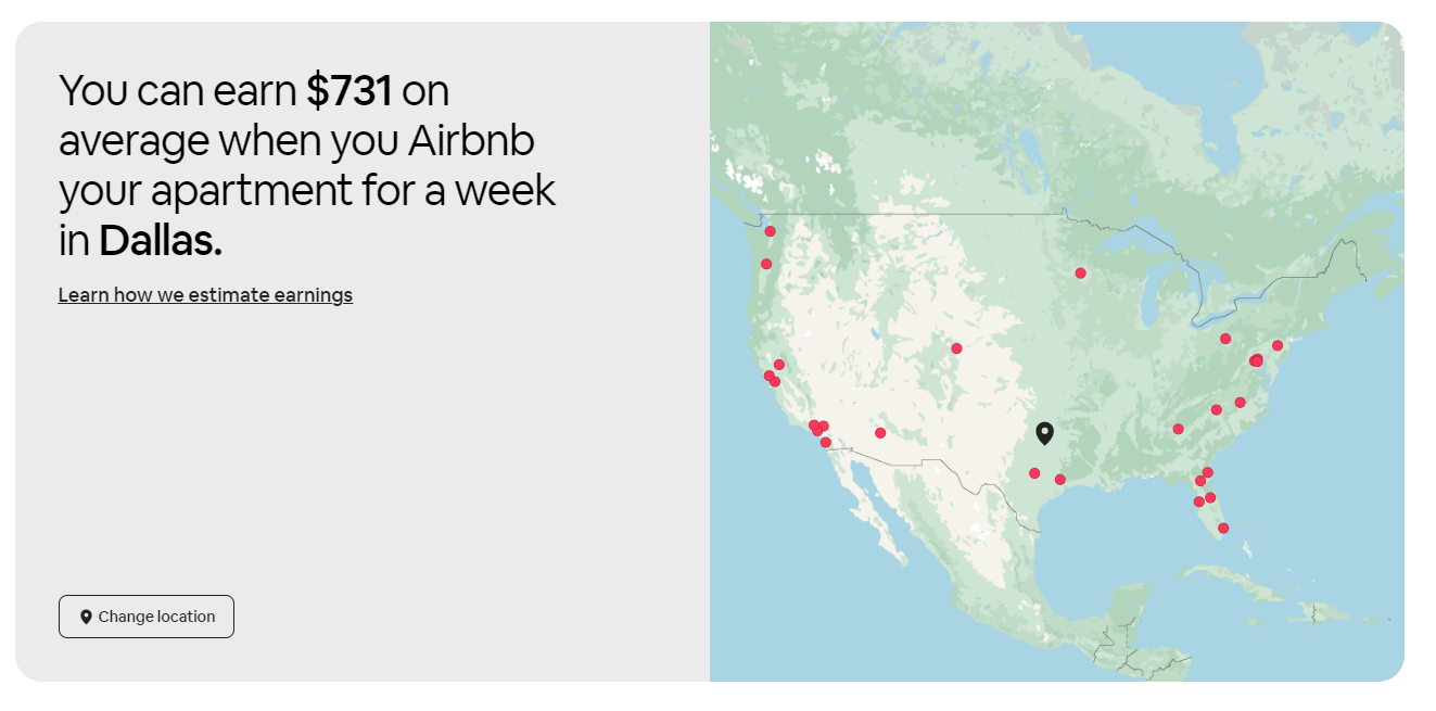 Screen shot from Airbnb showing average weekly earnings from an Airbnb apartment rental in Dallas
