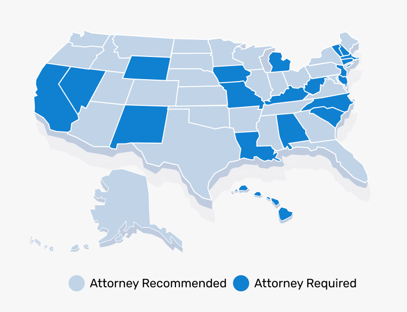 infographic map of the United States highlighting states that require a real estate attorney