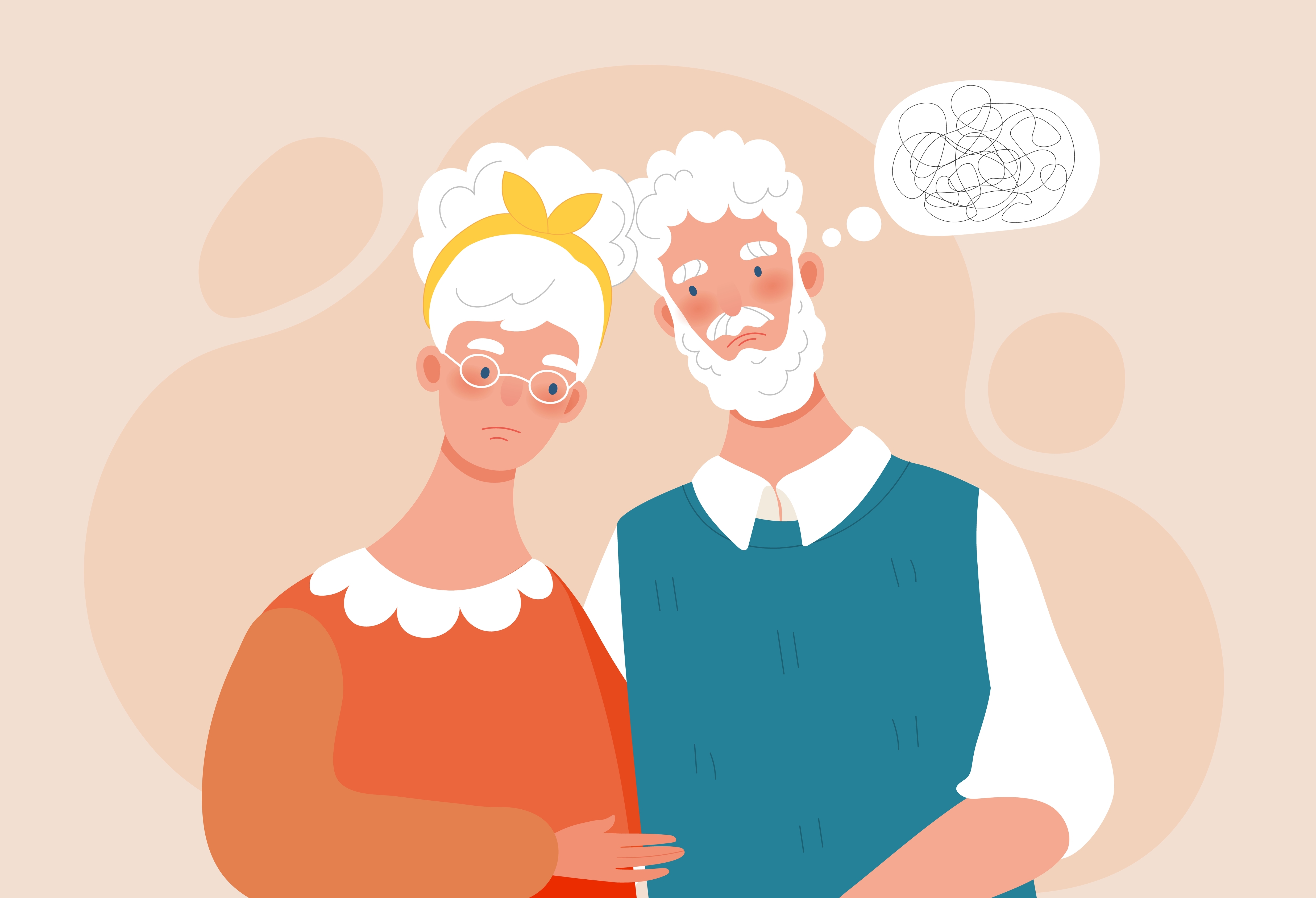 An illustration of an elderly couple standing together looking stressed.