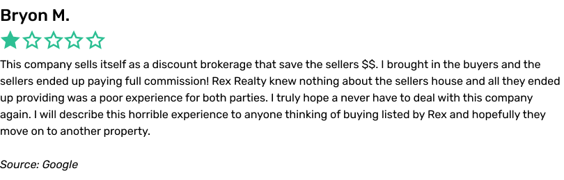This company sells itself as a discount brokerage that save the sellers $$. I brought in the buyers and the sellers ended up paying full commission! Rex Realty knew
nothing about the sellers house and all they ended up providing was a poor experience for both parties. I truly hope a never have to deal with this company again. I will describe this horrible experience to anyone thinking of buying listed by Rex and
hopefully they move on to another property.