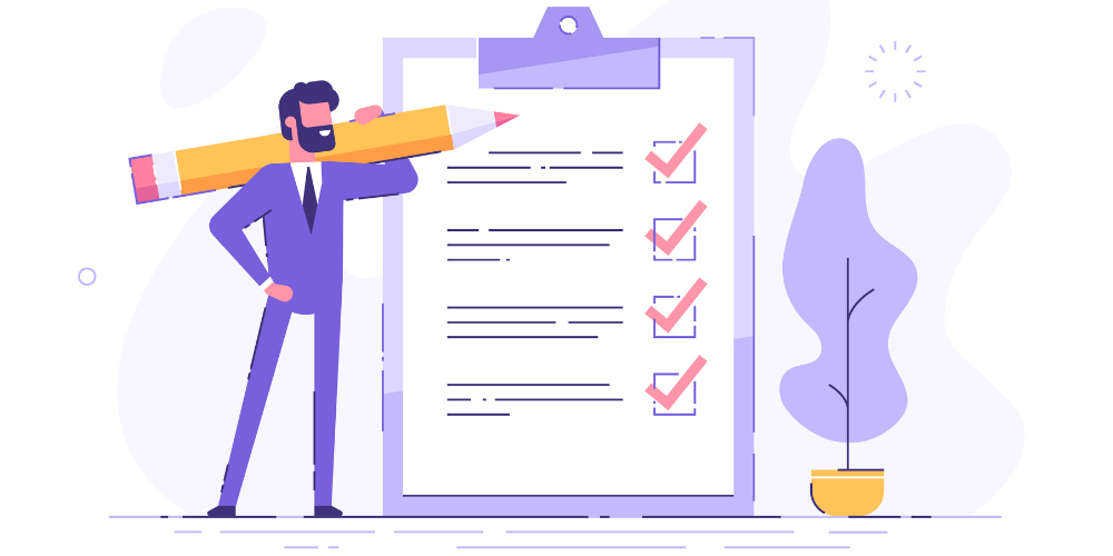 An illustration of a bearded man checking a giant home buying process checklist with a giant pencil.