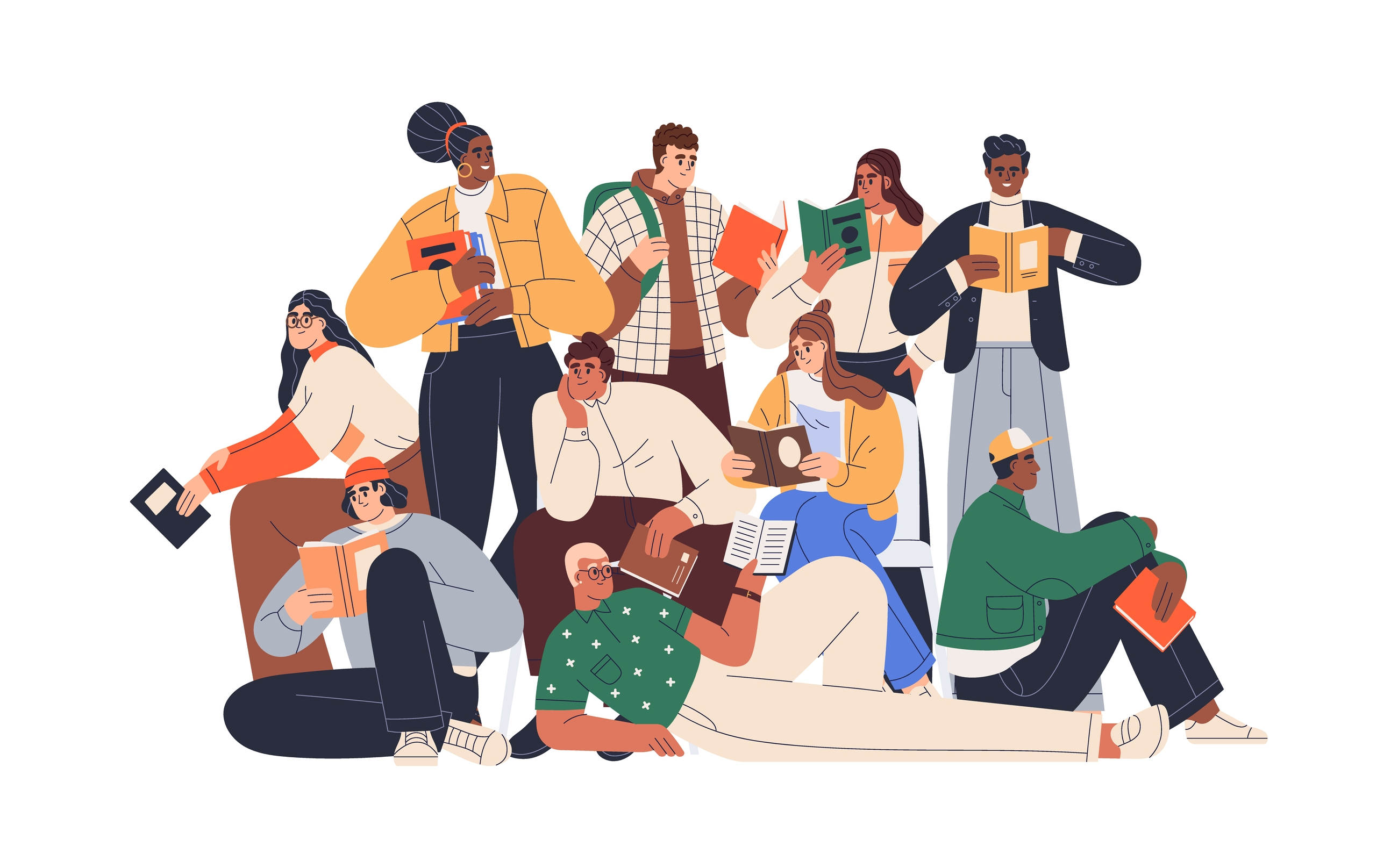 Illustration of a group of people holding books.
