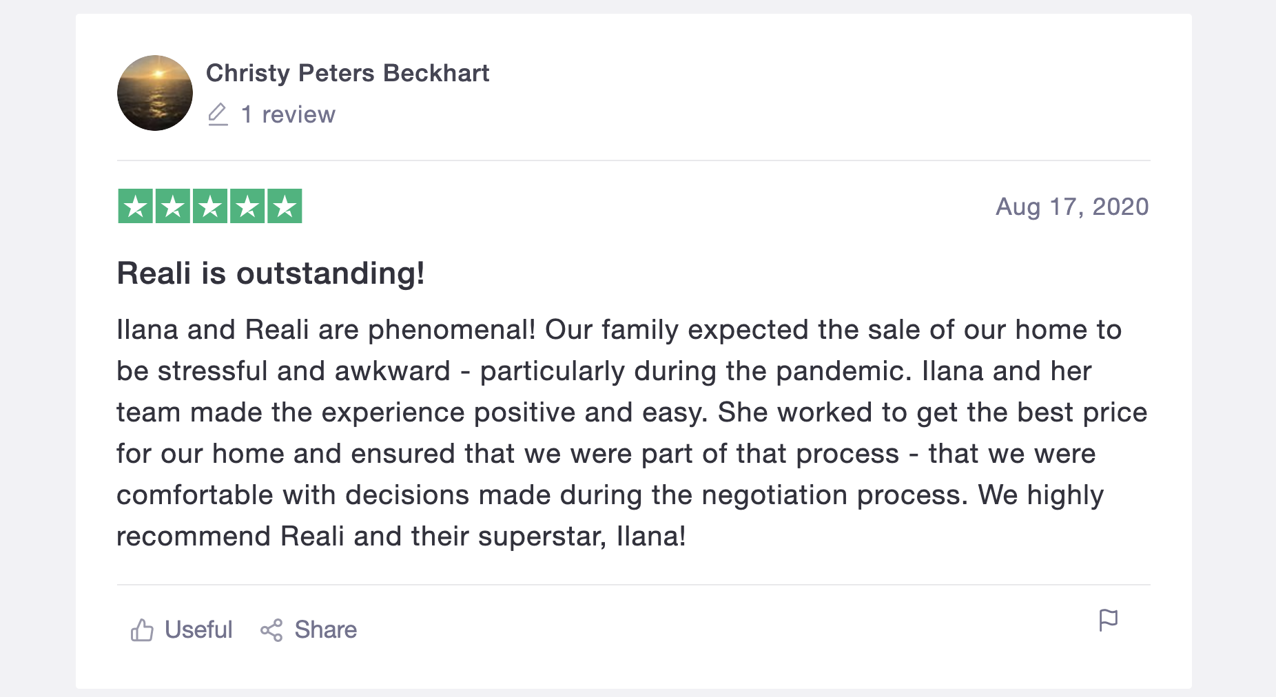 Ilana and Reali are phenomenal! Our family expected the sale of our home to be stressful and awkward - particularly during the pandemic. Ilana and her team made the experience positive and easy. She worked to get the best price for our home and ensured that we were part of that process - that we were comfortable with decisions made during the negotiation process. We highly recommend Reali and their superstar, Ilana!
