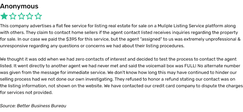 This company advertises a flat fee service for listing real estate for sale on a Multiple Listing Service platform along with others. They claim to contact home sellers if the agent contact listed receives inquiries regarding the property for sale. In our case we paid the $395 for this service, but the agent 