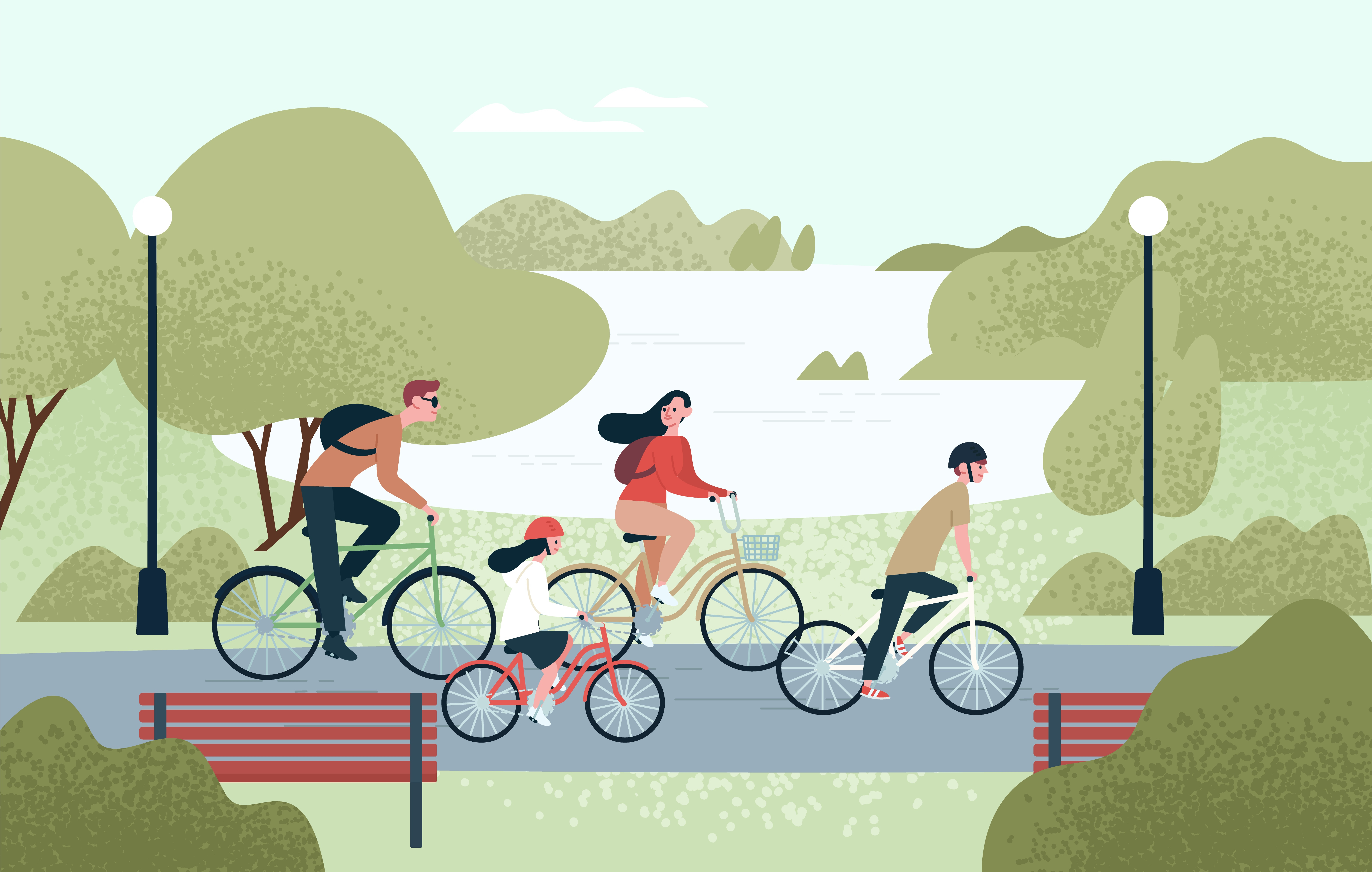 Illustration of a family biking through a park.