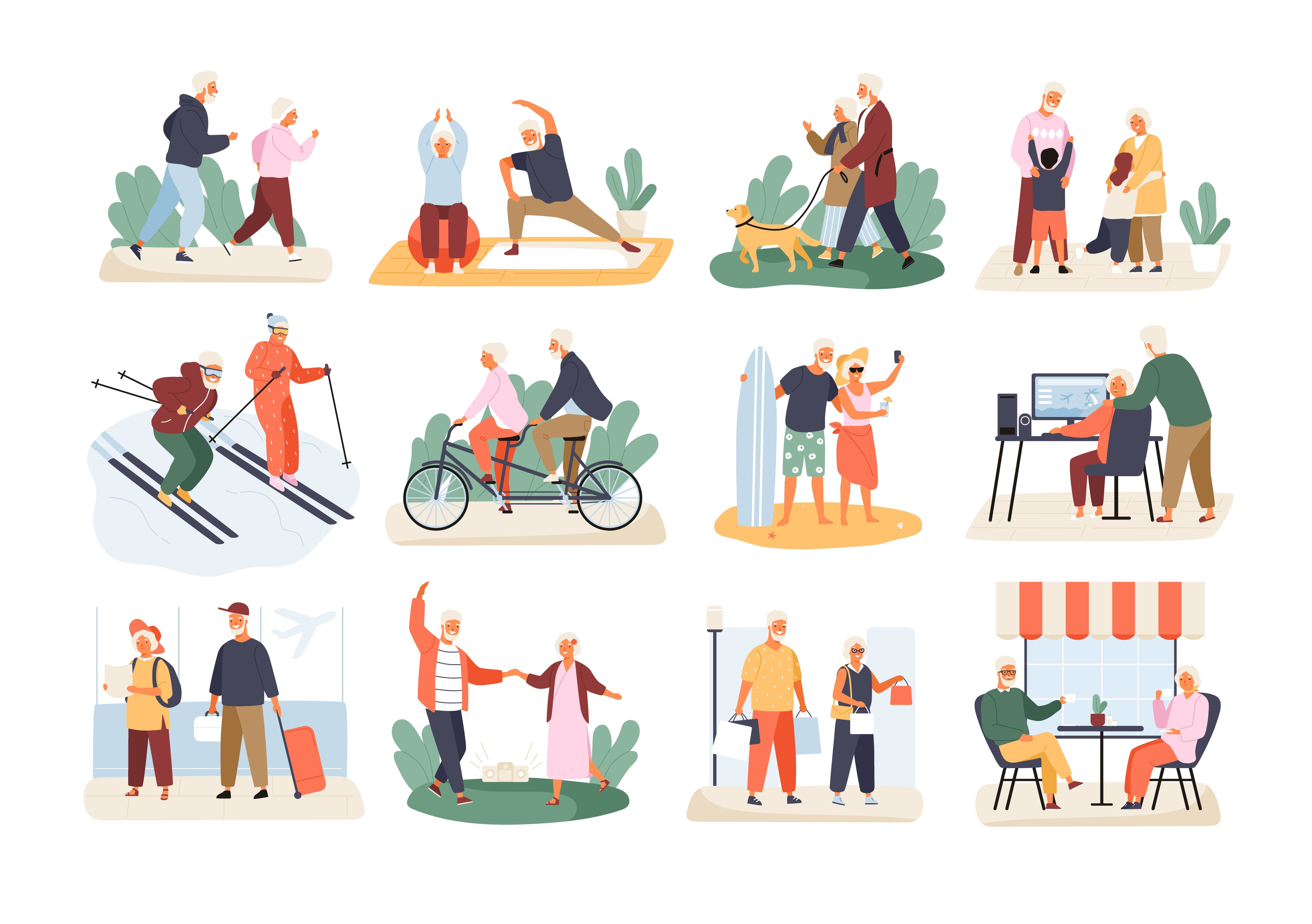 Vector illustrating an elderly couple doing various activities indoors and outdoors such as enjoying a cafe or surfing