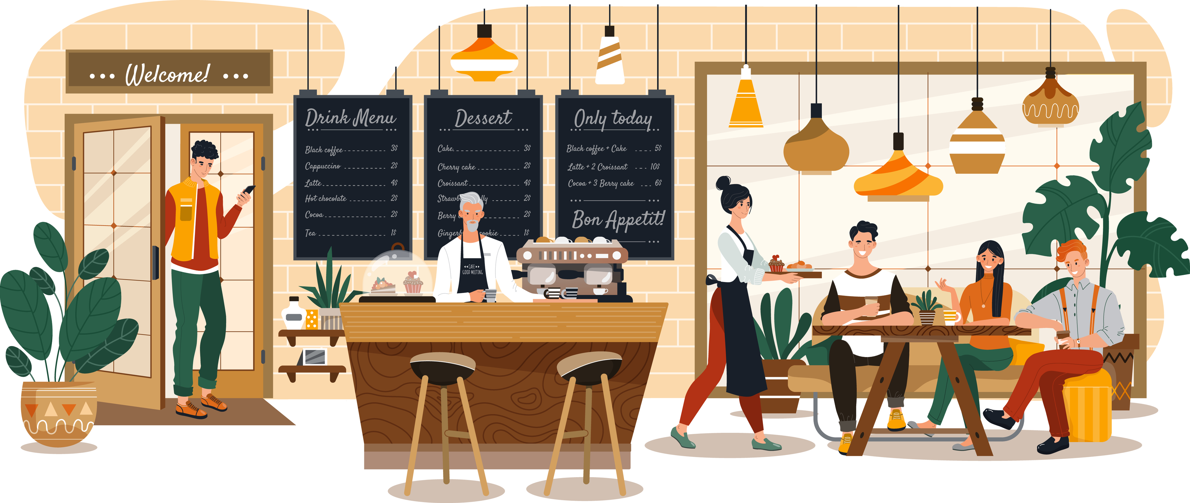 Illustration of several people enjoying a coffee shop
