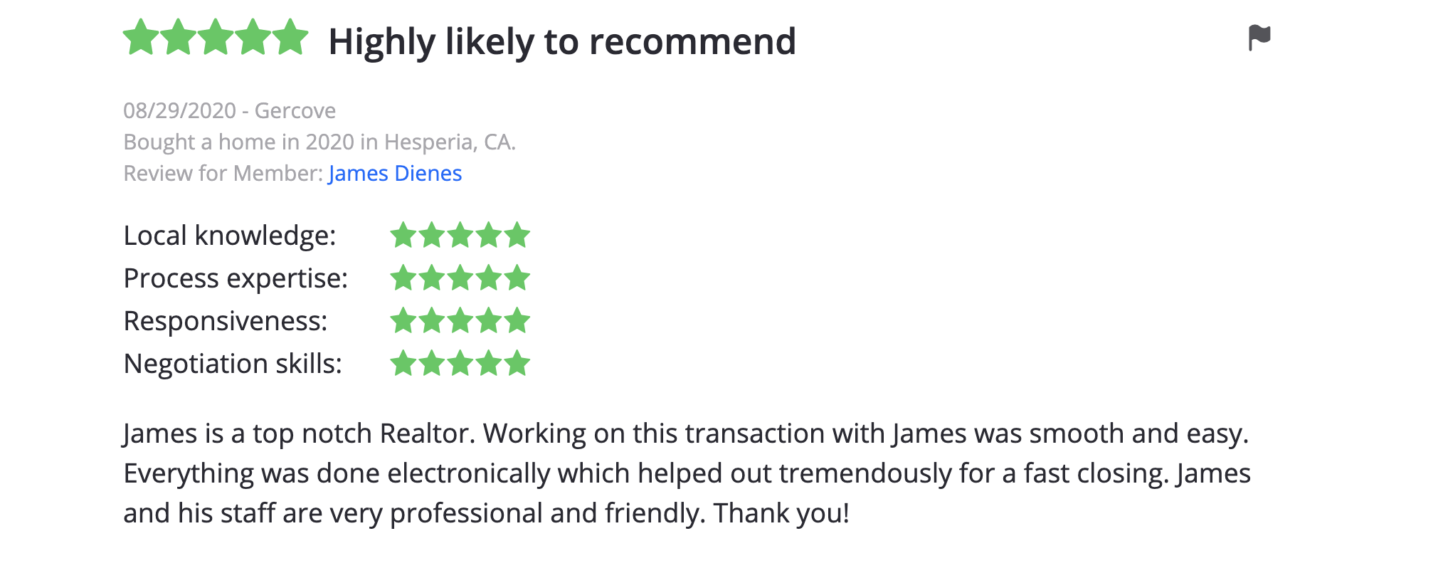 James is a top notch Realtor. Working on this transaction with James was smooth and easy. Everything was done electronically which helped out tremendously for
a fast closing. James and his staff are very professional and friendly. Thank you!