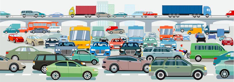 Illustration of cars and trucks on a road in traffic.